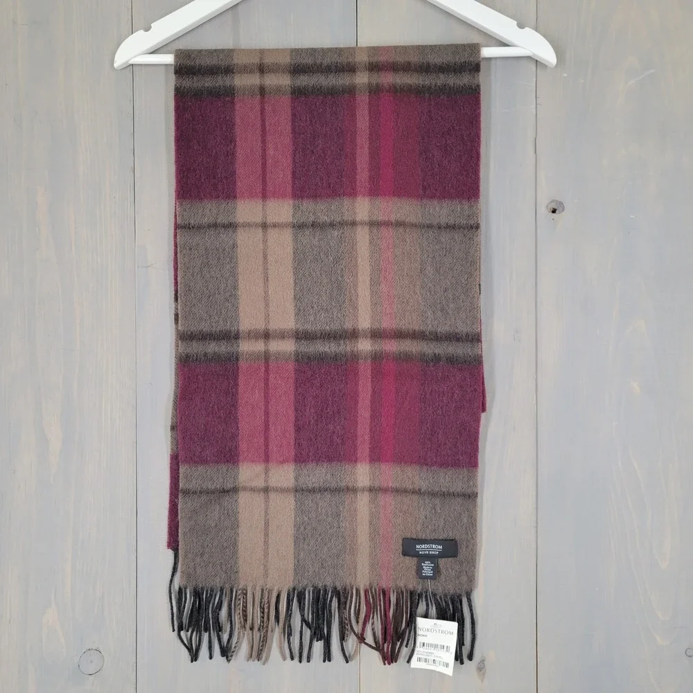 Nordstrom 100% Wool Scarf Mens Burgundy Camel Plaid Wool Fringe Winter Accessory